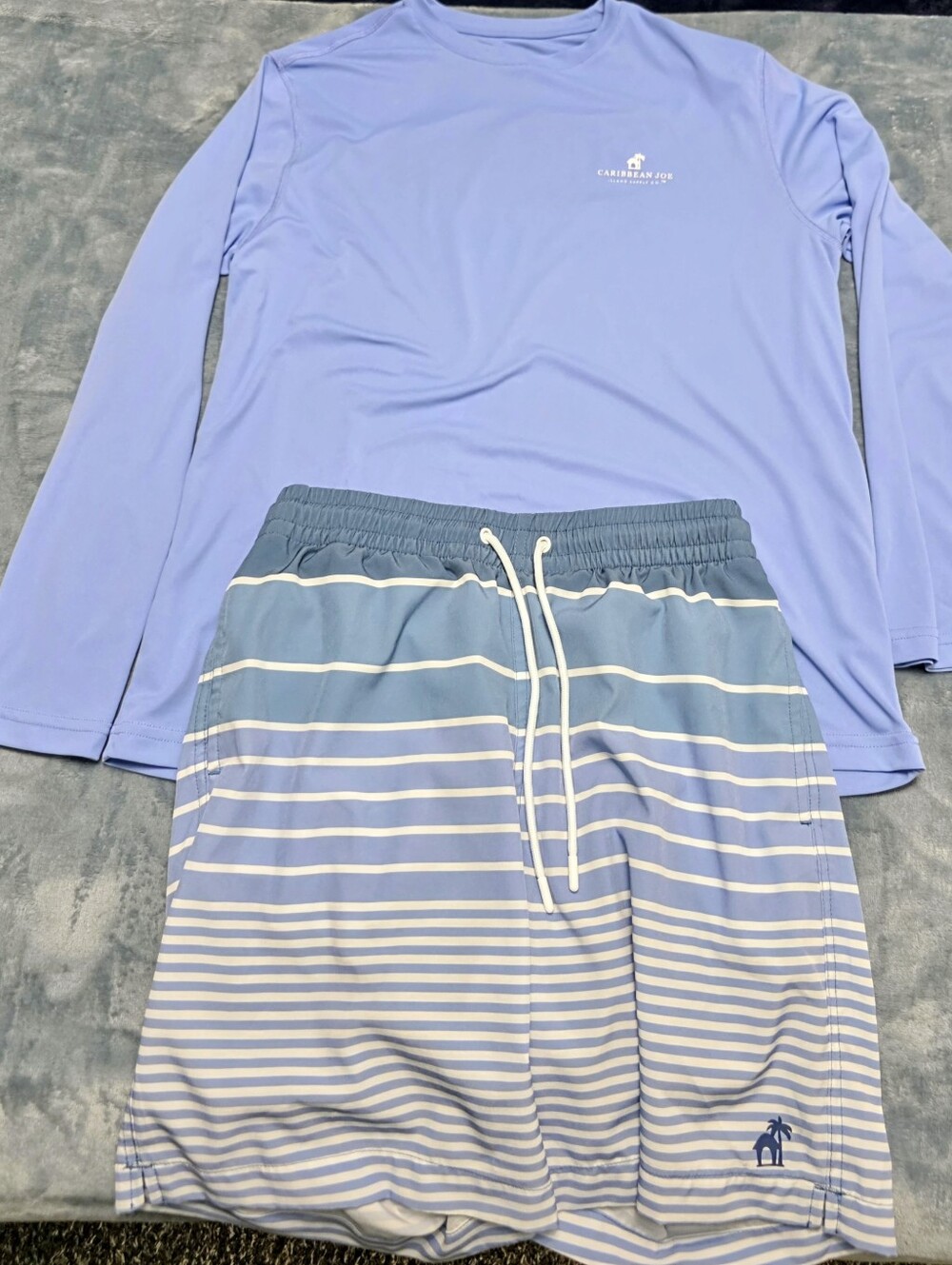 Caribbean Joe Men’s Light Blue Long-Sleeve 50 UPF Top & Matching Swim Trunks